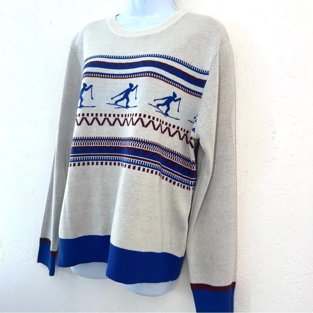 Kavu Hillrose Women's White and Blue Retro Ski Patterned Sweater XL NWT